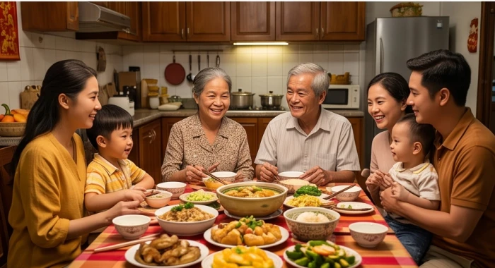 Bữa cơm gia đình ấm cúng với sự hiện diện đầy đủ của các thế hệ quay quần bên người lớn tuổi