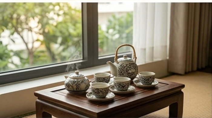 Góc uống trà tĩnh tâm trong nhà giúp gia chủ duy trì hòa khí gia đình và sự bình yên