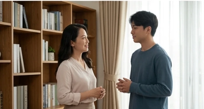 Người mẹ tuổi trung niên ân cần chia sẻ và định hướng học tập cho con trai trưởng thành trong phòng sách gia đình