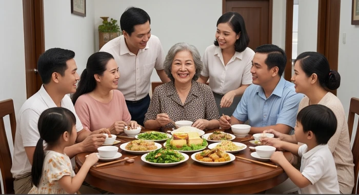 Bữa cơm sum vầy ấm cúng bên con cháu hiếu thảo của người phụ nữ cao niên bản mệnh Tùng Bách Mộc