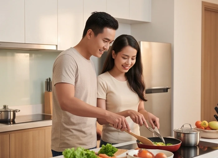 Cặp vợ chồng trẻ tuổi đinh sửu cùng chuẩn bị bữa tối ấm cúng trong gian bếp gia đình tràn ngập ánh sáng tự nhiên