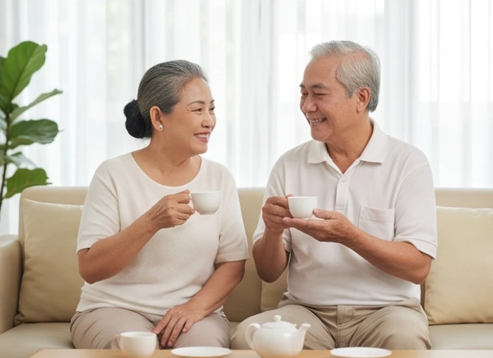 Vợ chồng cao tuổi Nhâm Dần cùng nhau trò chuyện ấm áp bên bàn trà trong phòng khách yên bình