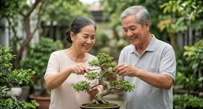 Hai vợ chồng lớn tuổi đang mỉm cười cùng nhau chăm sóc chậu cây cảnh trong khu vườn nhỏ yên bình