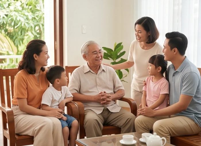 Người ông tuổi Mậu Tý mỉm cười ôn tồn trò chuyện cùng con cháu bên bàn trà sum vầy ấm cúng trong gia đình