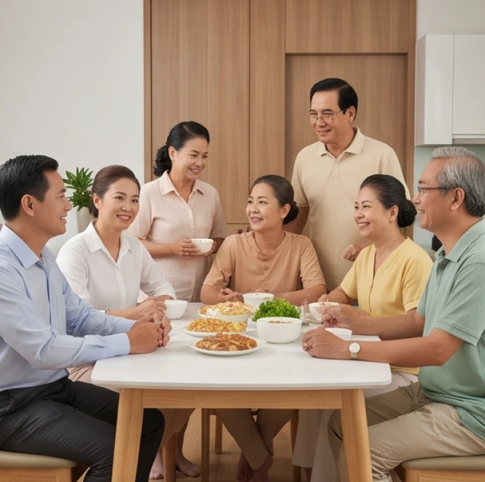 Gia đình hai thế hệ quây quần vui vẻ bên bàn trà trong ngôi nhà khang trang sạch sẽ