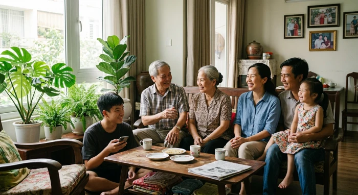 Gia đình ba thế hệ quây quần vui vẻ bên góc hiên nhà ngập ánh sáng và chậu cây xanh mát