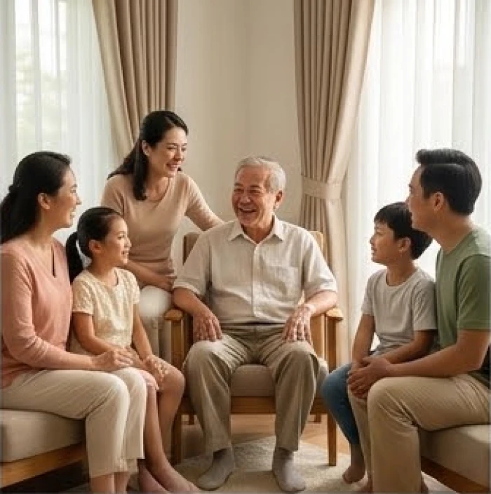 Gia đình đa thế hệ quây quần vui vẻ trong phòng khách ấm cúng của gia chủ tuổi mậu tuất 1958