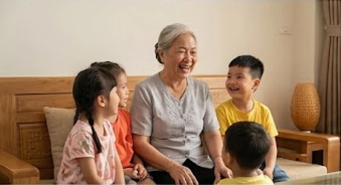 Người bà mái tóc bạc phơ đang mỉm cười hiền từ, trò chuyện vui vẻ cùng các cháu trong phòng khách