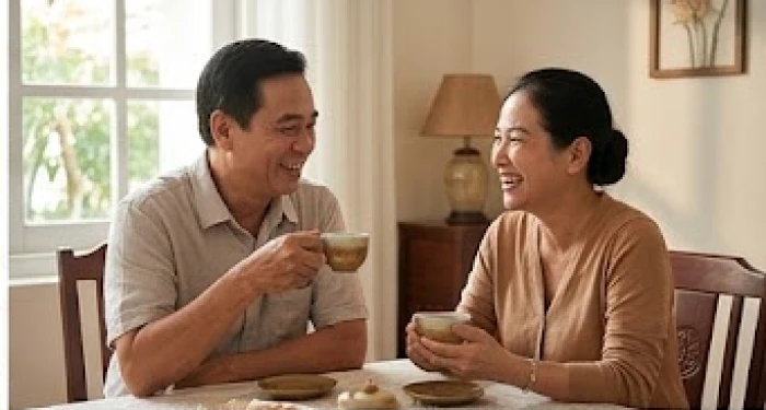 Hai vợ chồng lớn tuổi đang cùng nhau chia sẻ công việc nhà thể hiện sự thấu hiểu và gắn kết bền chặt