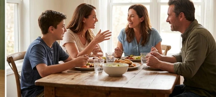 Cha mẹ cùng học sinh Mậu Tý trò chuyện vui vẻ trong bữa cơm gia đình ấm cúng