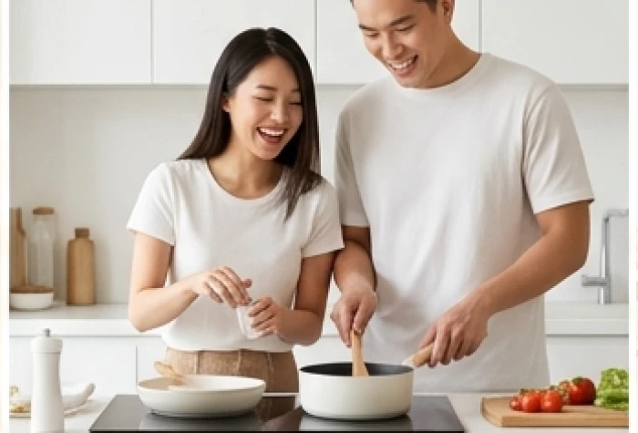 Cặp đôi trẻ đang cùng nhau nấu ăn trong gian bếp ngập tràn ánh sáng thể hiện sự sẻ chia và đồng điệu trong hôn nhân
