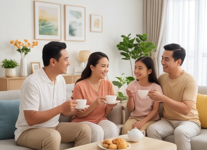 Gia đình Việt ba thế hệ quây quần vui vẻ bên bàn trà phòng khách ấm cúng thể hiện sự hòa hợp ngũ hành