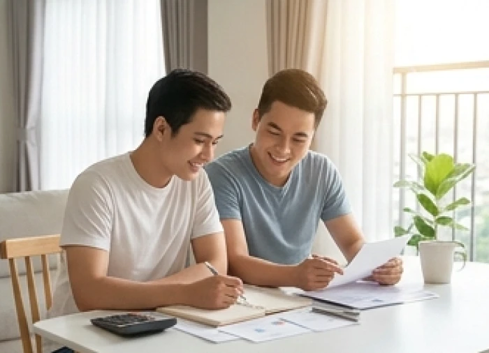 Cặp vợ chồng trẻ sinh năm Đinh Sửu cùng nhau trao đổi tài chính trong không gian gia đình ấm cúng