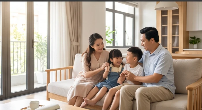Gia đình nhỏ sum vầy hạnh phúc trong phòng khách ấm cúng thể hiện sự hài hòa năng lượng các thành viên