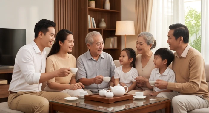 Gia đình ba thế hệ quây quần hòa thuận bên mâm trà trong phòng khách ấm cúng