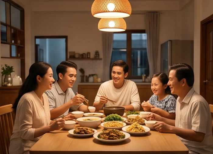 Bữa cơm gia đình ấm cúng với sự hiện diện đầy đủ của các thành viên trong không gian yên bình