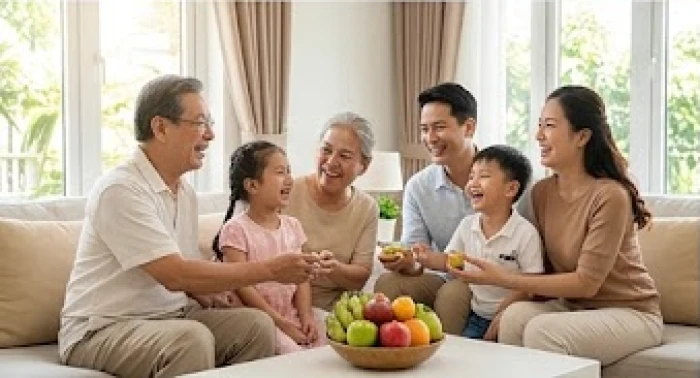 Gia đình nhiều thế hệ quây quần vui vẻ trong phòng khách mang không khí ấm áp và hạnh phúc