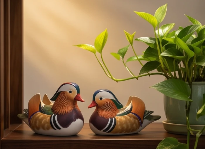 Đôi chim uyên ương bằng gốm sứ đặt cạnh chậu cây hạnh phúc đang vươn mầm