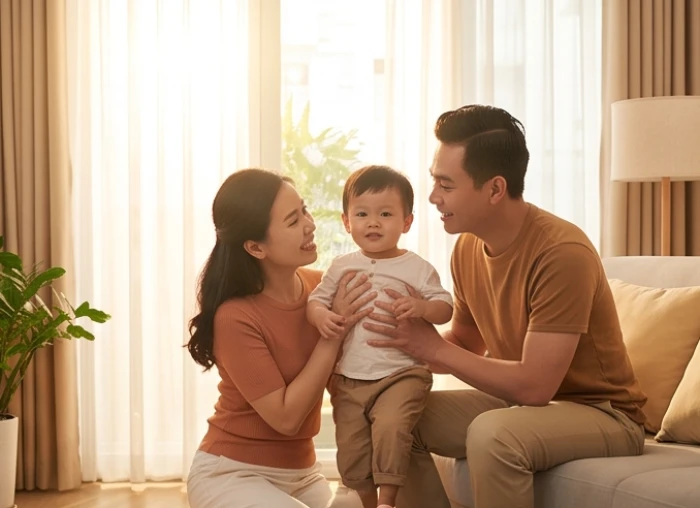 Vợ chồng tuổi Canh Ngọ trò chuyện vui vẻ bên con nhỏ trong không gian phòng khách ấm cúng