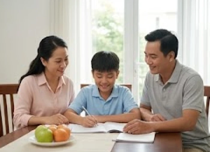 Cha mẹ cùng con sinh năm 2011 vui vẻ trò chuyện tại phòng khách trong không khí gia đình ấm áp