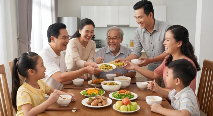 Bữa cơm gia đình ấm cúng bên bàn ăn với sự hiện diện hạnh phúc và hòa thuận của ông bà, con cái cùng các cháu nhỏ