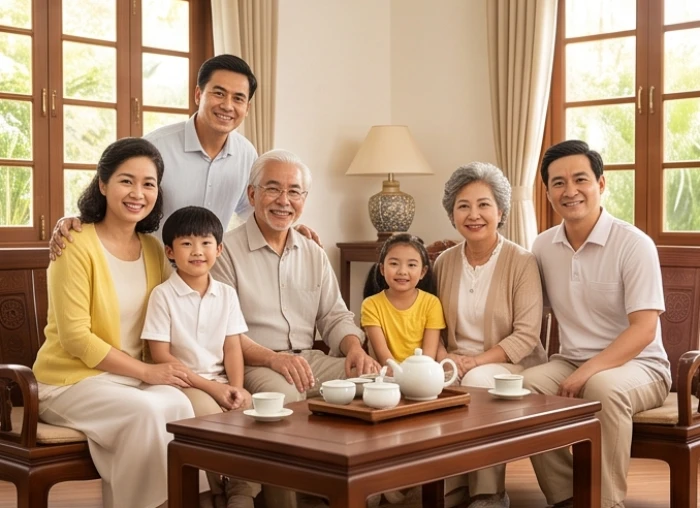 Đại gia đình nhiều thế hệ quây quần vui vẻ bên mâm trà phòng khách trong bầu không khí đầm ấm và hạnh phúc