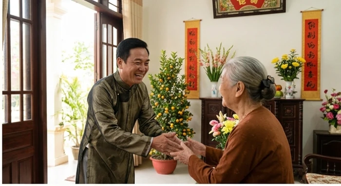 Bữa trà trưa ấm cúng giữa ông bà và các con cháu trong phòng khách với không khí chia sẻ và thấu hiểu