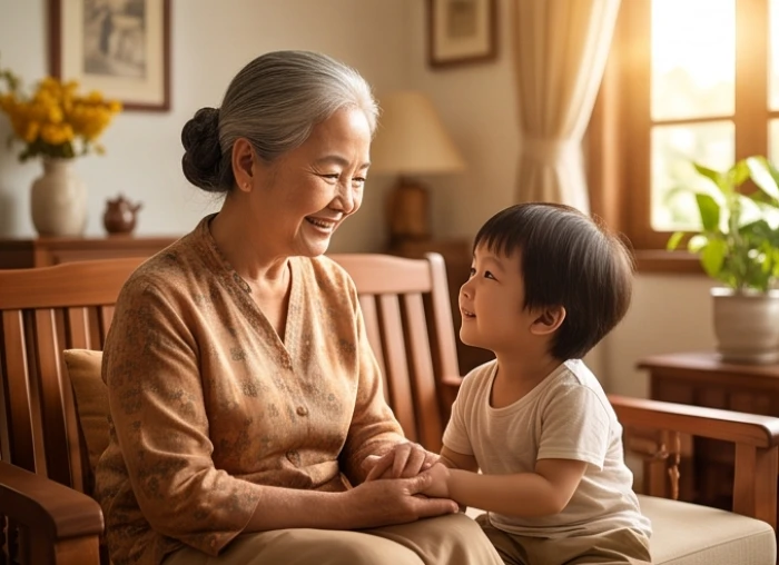 Người bà hiền từ đang mỉm cười âu yếm lắng nghe đứa cháu nhỏ kể chuyện trong phòng khách