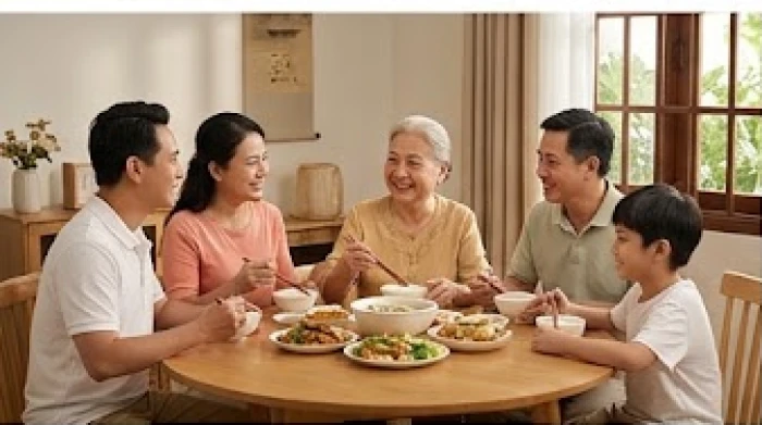 Cụ bà vui vẻ quây quần bên mâm cơm gia đình ấm áp cùng các con cháu trưởng thành trong không gian êm đềm