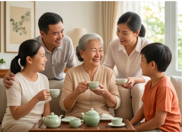 Người bà ấm áp quây quần vui vẻ bên con cháu trong phòng khách gia đình vào hậu vận