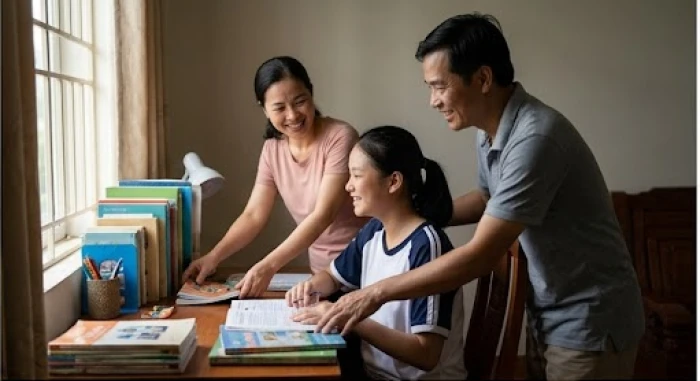 Bố mẹ cùng con dọn dẹp bàn học trong không khí vui vẻ và tràn ngập sự thấu hiểu giữa các thế hệ gia đình