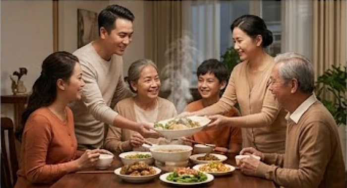 Bữa cơm gia đình ấm áp với ba thế hệ cùng nhau thưởng thức những món ăn truyền thống giản dị