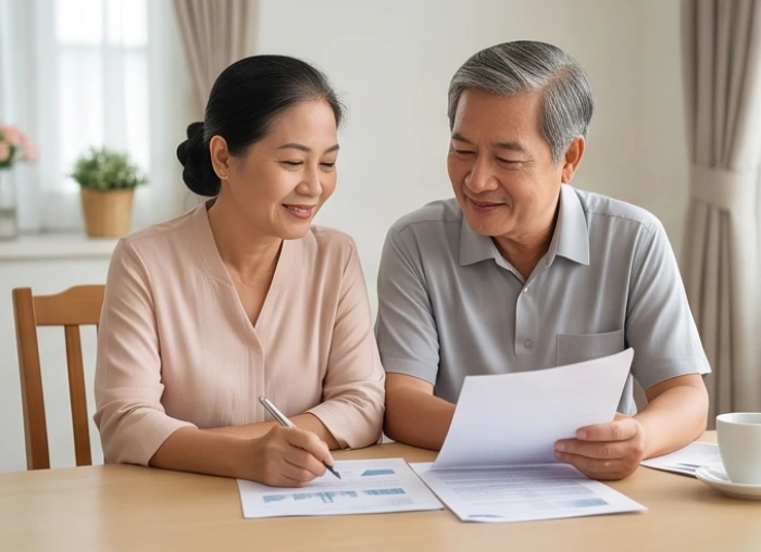Hai vợ chồng đang cùng nhau xem xét lại các khoản chi tiêu sinh hoạt để thống nhất kế hoạch tài chính chung
