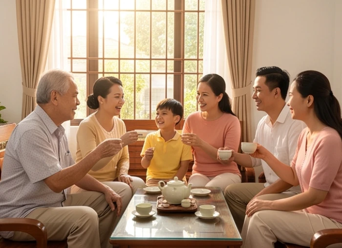 Các thành viên trong gia đình quây quần uống trà trong phòng khách ấm cúng
