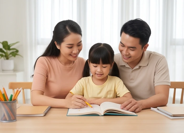 Gia đình nhỏ vợ chồng tuổi Sửu và Dậu cùng hướng dẫn con cái học tập trong không gian ấm áp