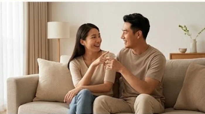 Hai vợ chồng đang cùng nhau trò chuyện vui vẻ trong một không gian phòng khách ấm cúng tràn ngập ánh sáng