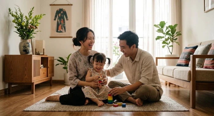 Em bé đang mỉm cười chơi đùa cùng ba mẹ trong phòng khách ngập tràn ánh sáng tự nhiên