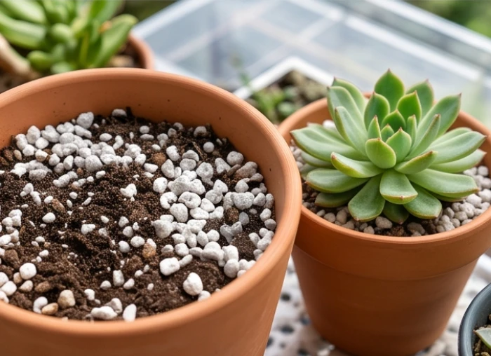 Hỗn hợp giá thể tơi xốp gồm đá khoáng pumice trắng và phân trùn quế chuẩn bị để trồng sen đá ngoài hiên