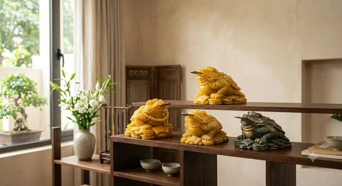 Các mẫu thiềm thừ đá ngọc cao cấp và đồng đúc tinh xảo trưng bày tại gian hàng vật phẩm phong thủy