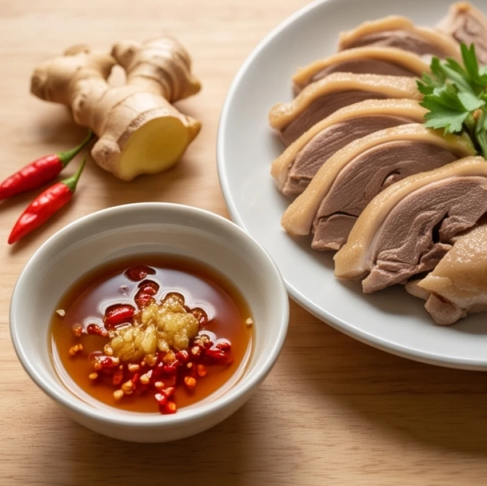 Chén nước mắm gừng ớt giã nhuyễn đặt cạnh đĩa thịt luộc thơm ngon