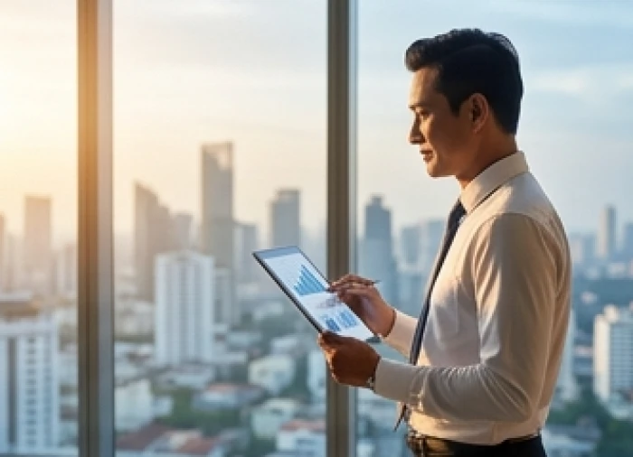 Nam doanh nhân ngoài 30 tuổi tự tin thuyết trình kế hoạch kinh doanh thành công trước đối tác