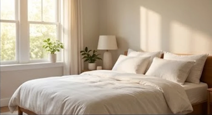 Một góc không gian phòng ngủ gọn gàng với ánh sáng tự nhiên dịu nhẹ giúp cải thiện giấc ngủ cho nữ mạng Đinh Tỵ