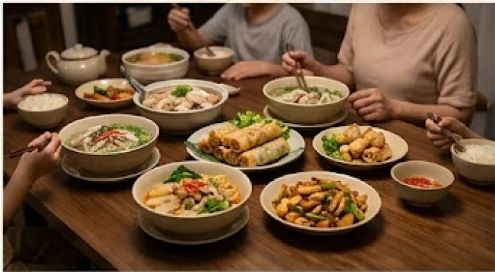 Mâm cơm gia đình ấm cúng với các món ăn truyền thống được nấu chín kỹ lưỡng đảm bảo vệ sinh