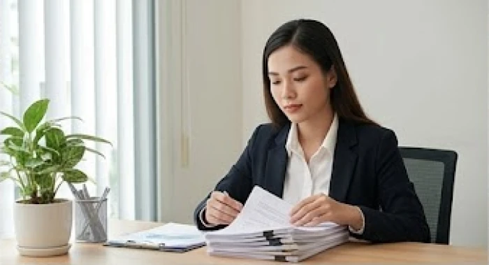 Chuyên viên trẻ đang tập trung sắp xếp lại đống tài liệu ngổn ngang trên bàn làm việc