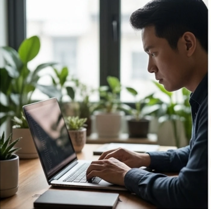 Người làm việc tập trung cao độ bên bàn gỗ hiện đại phản ánh tính cách tuổi Giáp Dần 1974 khi đối mặt áp lực