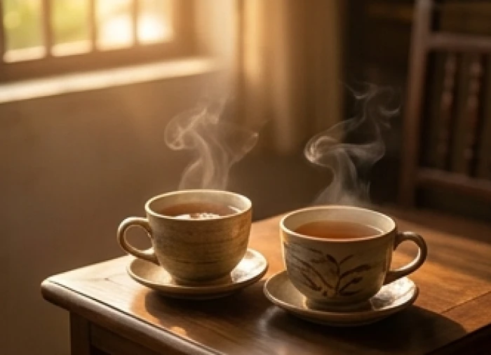 Hai tách trà nóng đặt cạnh nhau trên bàn gỗ nhỏ tượng trưng cho sự đối thoại cởi mở trong gia đình