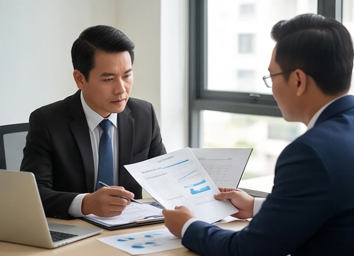 Hai người quản lý đang đối mặt thảo luận căng thẳng về các chính sách nhân sự và định hướng phát triển mới