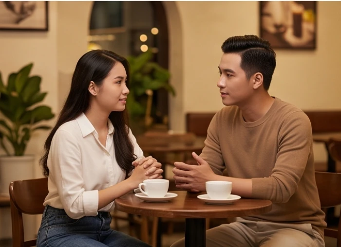 Cặp đôi trẻ đang ngồi cùng nhau trò chuyện nhẹ nhàng tại một góc quán cà phê