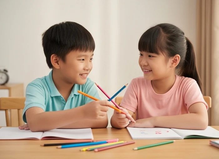 Hai bạn nhỏ vui vẻ chia sẻ đồ dùng học tập cùng nhau sau giờ học