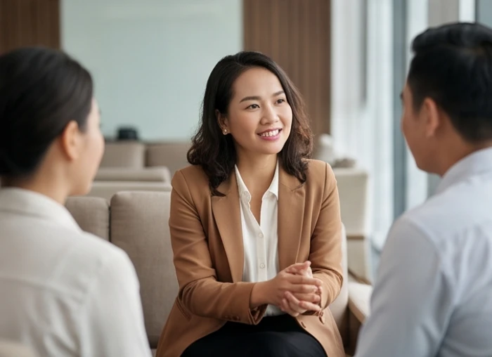 Nữ quản lý nhân sự điềm tĩnh trao đổi cùng đồng nghiệp nhằm xoa dịu cảm xúc và tháo gỡ khúc mắc nội bộ